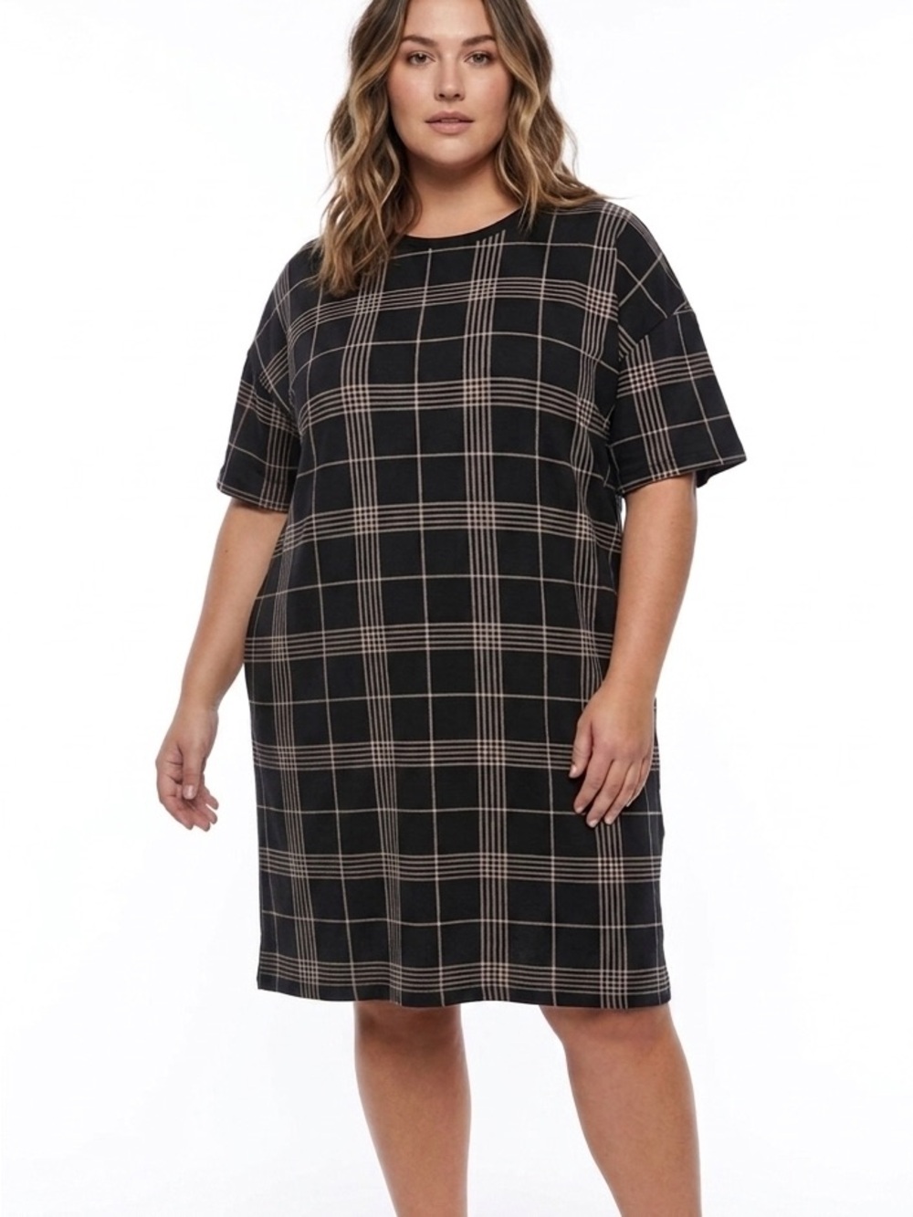 TI VOGLIO Black Plaid Checker Shift Dress Tunic Short Sleeve Plus Size 1X